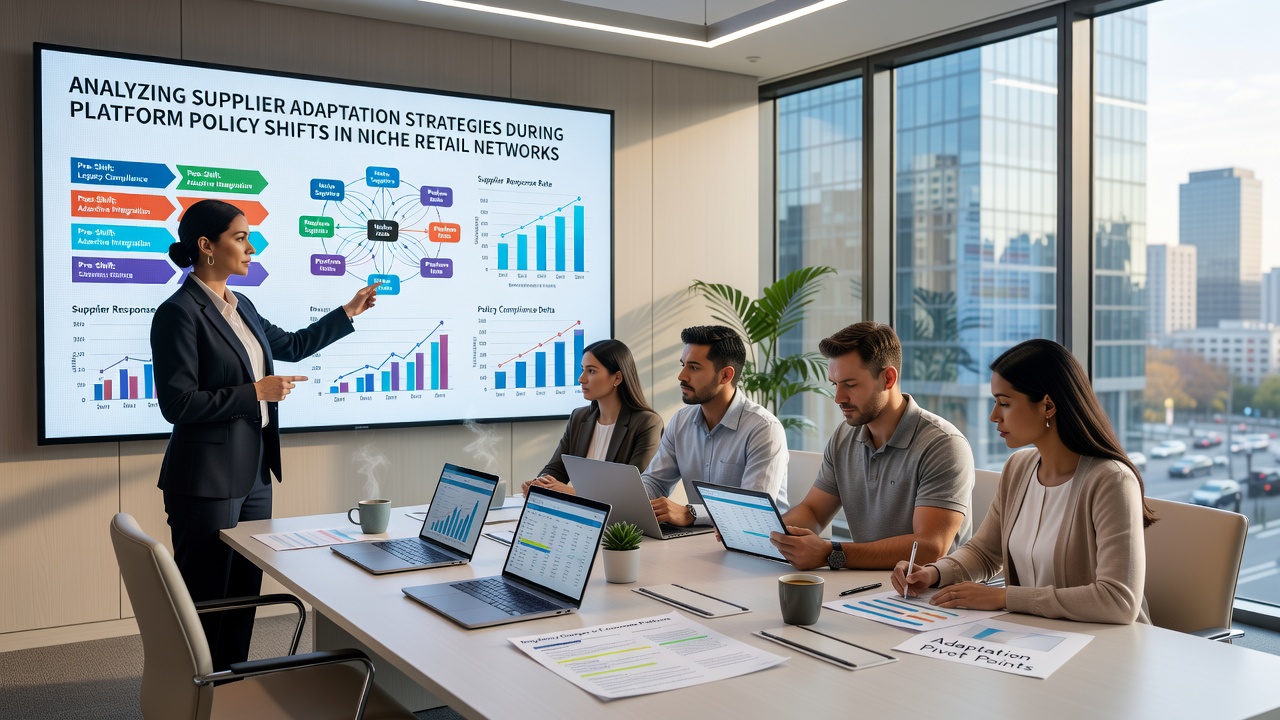 Retail network analysts reviewing adaptation metrics on supplier performance dashboards